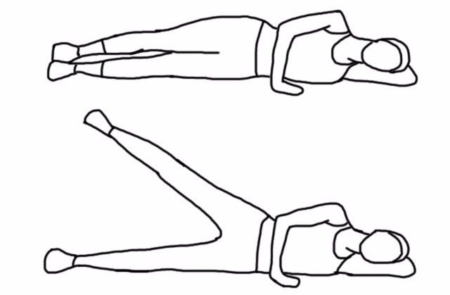 侧身平躺,下方的腿略微弯曲,慢慢将上方腿抬至15-30°,并维持3-5秒.
