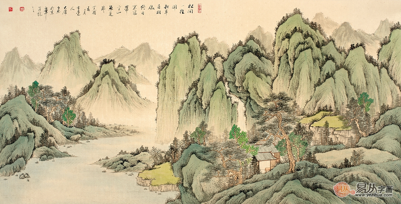 而画家薛大庸的此幅山水画以古诗入景,此图峰江幽深,云烟弥漫,山坳中