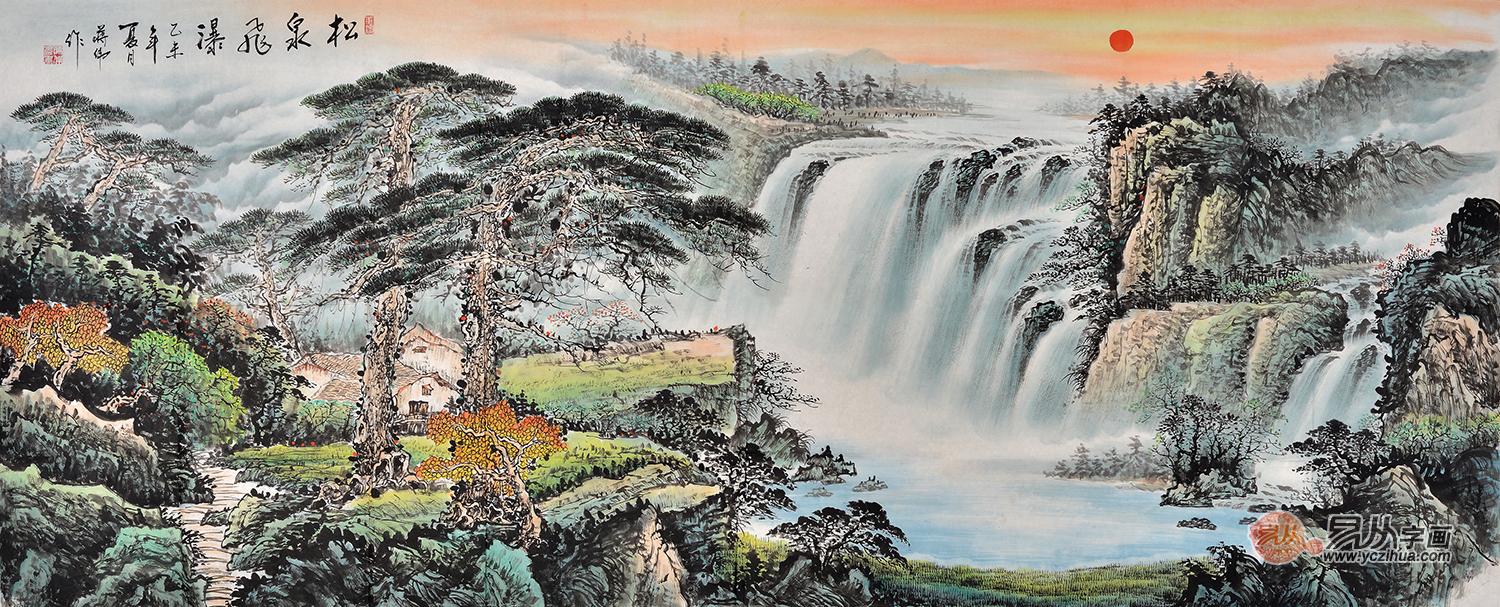 推荐作品:迎客松 一级美术师蒋伟山水画作品《松泉飞瀑》【作品来源