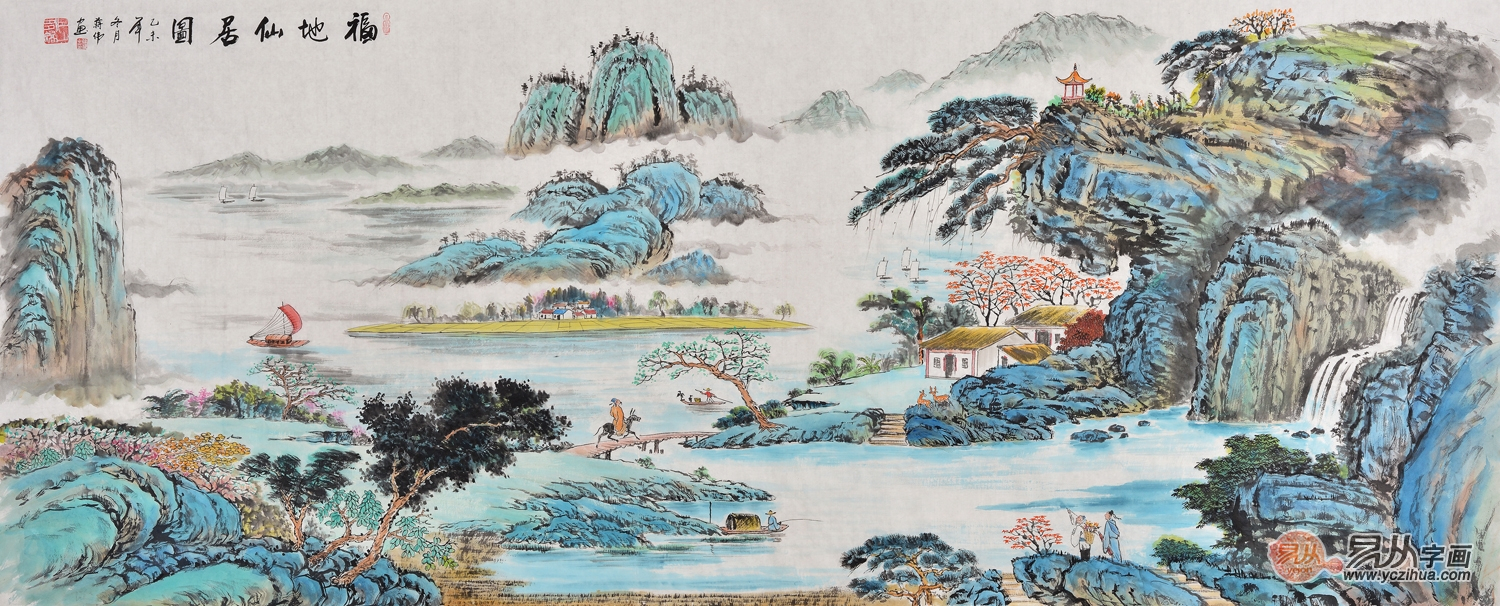 推荐:福禄寿喜图 蒋伟写意山水画作品《福地仙居图》来源:易从网